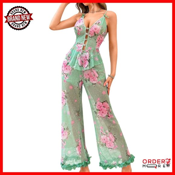 Sheer Mesh Pajama Set with Rhinestone Cami & Ruffle Pants